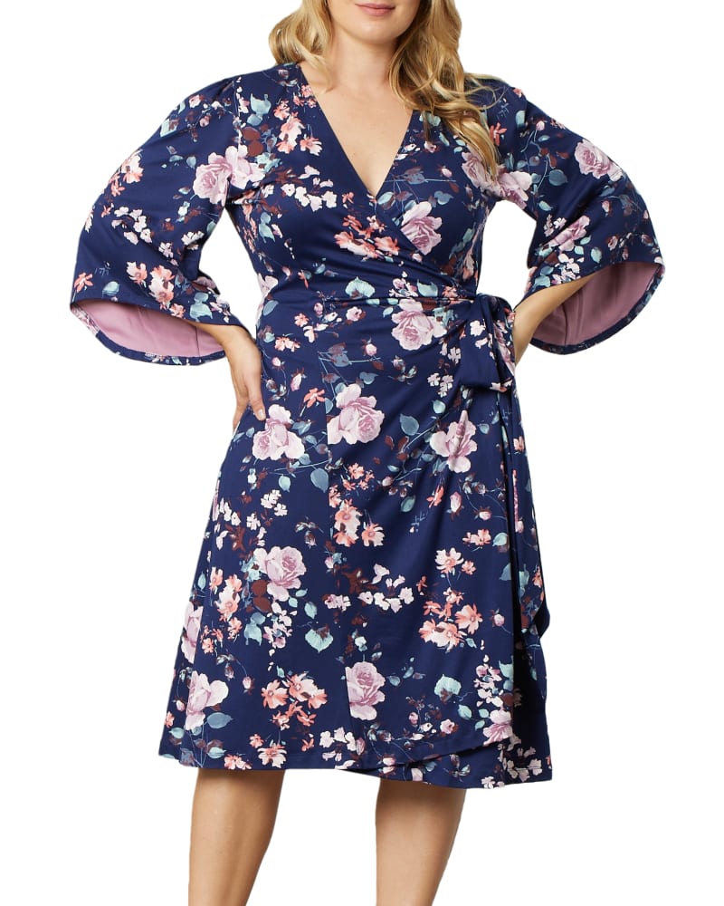 Front of a model wearing a size 5X Gemini Wrap Dress in EVENING ROSE GARDEN by Kiyonna. | dia_product_style_image_id:268064